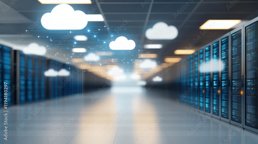 Leinwandbilder Digital clouds hover above rows of interconnected servers, showcasing dynamic data streams between them, symbolizing the power of cloud technology