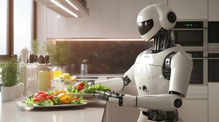 Futuristic Robot Chef Preparing Fresh Ingredients in Modern Kitchen, Showcasing Technology and Culinary Arts in a Bright, Contemporary Space
