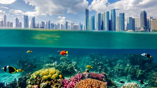 City skyline and vibrant coral reef coexist beneath clear water, City skyline submerged underwater with colorful coral reefs and fish