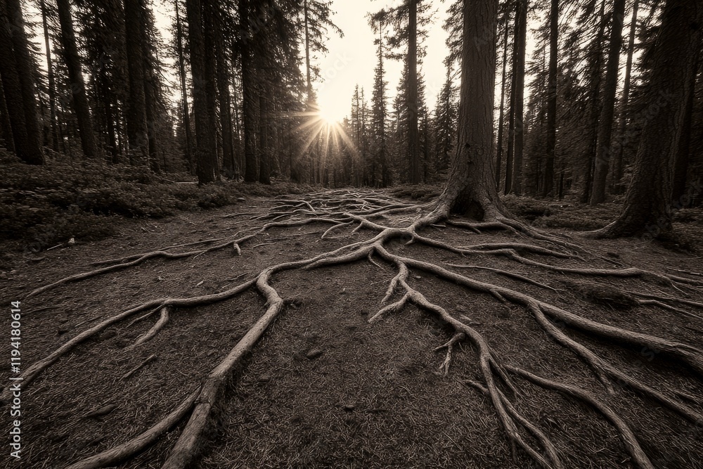 Poster Massive tree roots spread across a forest floor, illuminated by soft dappled light, creating a mesmerizing display of nature's intricate patterns and resilience