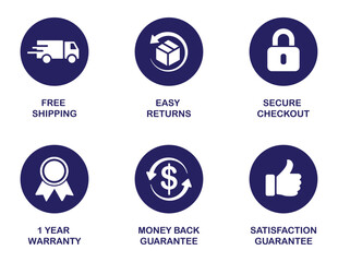 E-commerce security badges risk-free shopping icons set. E-commerce, online shopping line icons set. Modern graphic design concepts, simple outline elements collection. E-commerce and Shopping icons.