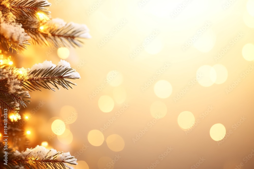 Poster snow-laden spruce branches glisten with holiday lights while a warm bokeh backdrop enhances the chee