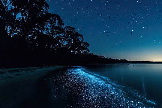 A serene night landscape showing the glowing shoreline of Jervis Bay, with silhouettes of trees in the background.