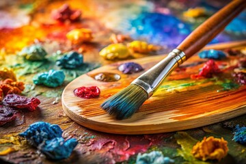 Obraz premium Close-up of Paintbrush and Colorful Oil Paints on Artist's Palette - Left Composition with Copy Space