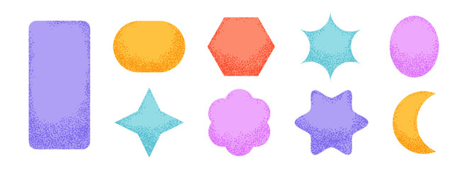 Noise sticker shape collection. Primitive geometric label element pack. Set of abstract dotted blank badges for price tag and sale promotion. Bright textured patch pack. Vector design elements