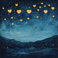 Romantic Night Sky with Floating Hearts and Stars Over Mountains