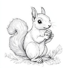Cute Cartoon Squirrel Holding Acorn Surrounded by Leaves in Black and White Line Art Illustration for Children's Books or Nature-Themed Designs