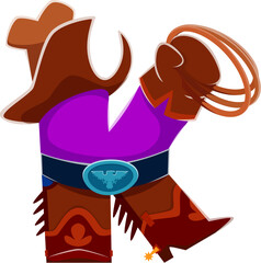 Letter K cowboy font featuring boots, hat, lasso and belt buckle. Cowboy wild west typeface, western type, sheriff english alphabet symbol, cowpuncher abc character exudes Texas rodeo old school vibe