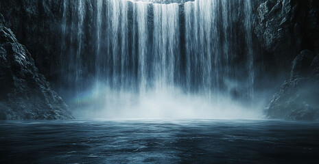 Majestic waterfall cascading into tranquil pool, dark moody rock formations, nature background, ideal for travel or fantasy