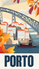 Naklejka premium Picturesque illustration of Porto featuring the Dom Luis I Bridge, colorful riverside buildings, and the Douro River in warm pastel tones reflecting its historical charm..