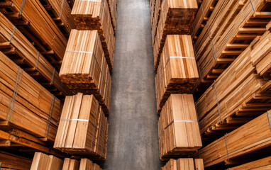 High angle view of storage racks filled with wooden planks and beams