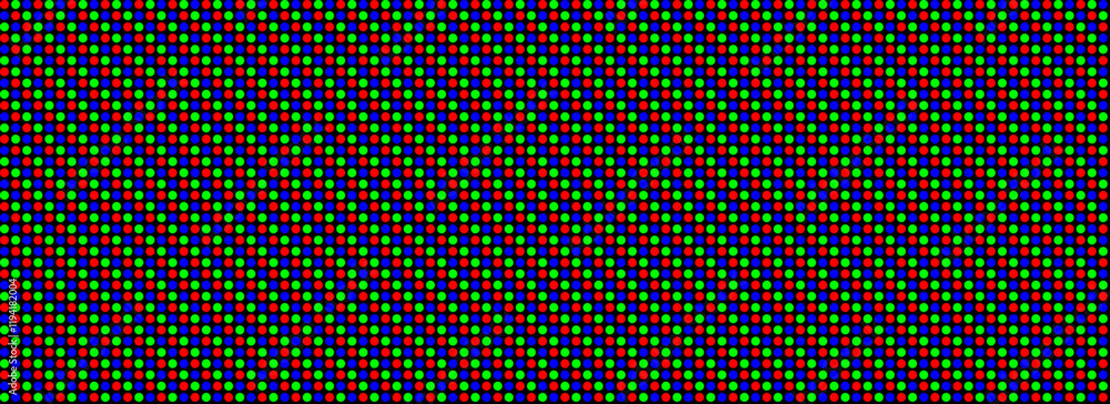 Poster RGB pixel seamless pattern. Repeating LED screen background. LCD display circle dots wallpaper. Red Green Blue pixelated monitor texture. Repeated round dot crt display backdrop. Vector