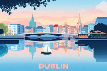 Naklejka premium Scenic depiction of Dublin showcasing the Ha’penny Bridge, St. Patrick’s Cathedral, and vibrant pubs in warm pastel tones reflecting its cultural charm..