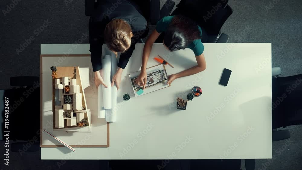 Poster top down aerial view of project manager walking at meeting table and start working. aerial view of s