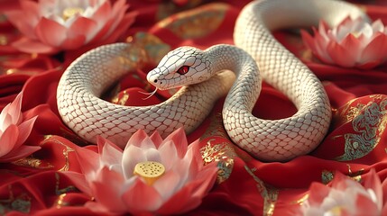 Fototapeta premium A stylized snake winding gracefully among lotus petals, highlighted against a luxurious red silk background with glowing golden Chinese patterns, cinematic depth, ultra-detailed scales and textures,