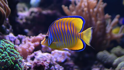 Fototapeta premium Vibrant Yellow and Blue Angelfish Swims Gracefully Amidst Coral Reefs, Ocean Life, Aquatic Beauty