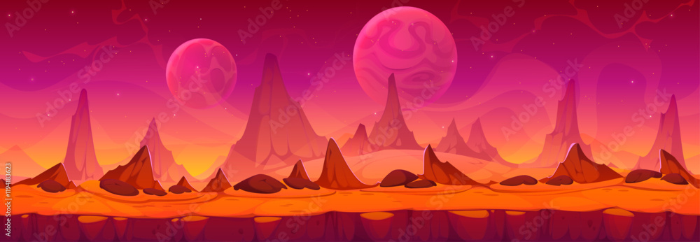 Poster Alien space planet landscape with red terrain and multiple planets in sky. Towering rock formations create an otherworldly atmosphere. Cartoon vector background for science fiction and fantasy games