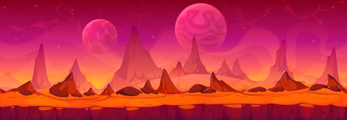 Fototapeta premium Alien space planet landscape with red terrain and multiple planets in sky. Towering rock formations create an otherworldly atmosphere. Cartoon vector background for science fiction and fantasy games