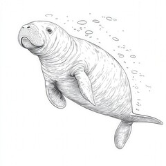 Detailed Illustration of a Manatee Swimming Gracefully Underwater with Bubbles and a Soft Background, Depicting Its Unique Features and Gentle Nature