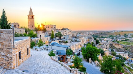 Fototapeta premium A vibrant cityscape showcasing a mix of towering stone buildings and futuristic metallic structures, captured at sunset to enhance the play of light and shadows, against a solid color background.