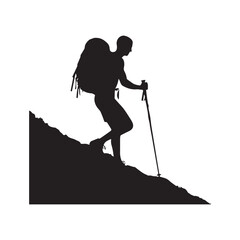 Fototapeta premium PrintHiking man Silhouettes. hiking man with rucksacks silhouette. hiker with backpack, vector silhouettes. mountaineer climber hiker people. Backpacker. walking with the aid of trekking poles.