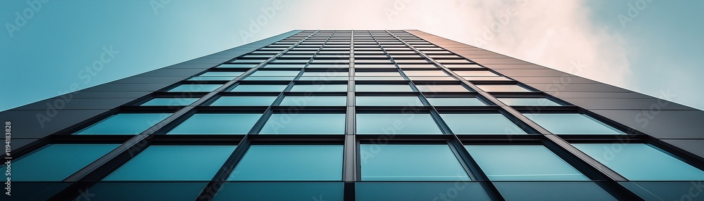 Poster a modern skyscraper with a grid-like layout of windows and a bright sky.