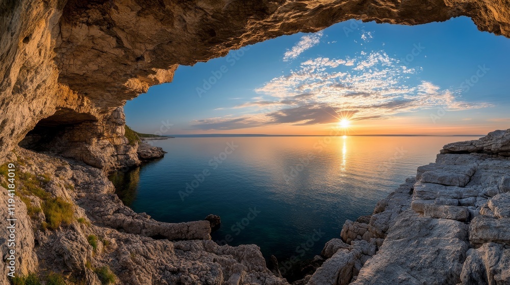 Poster Sunlight streams through a rocky cave entrance, illuminating the rugged walls as the sea sparkles at sunset, creating a tranquil and scenic coastal view