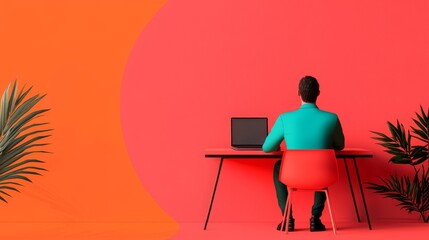 Focused individual working at a desk modern office digital content creation minimalist environment rear view productivity concept