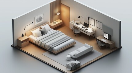 An isometric view of a modern bedroom.