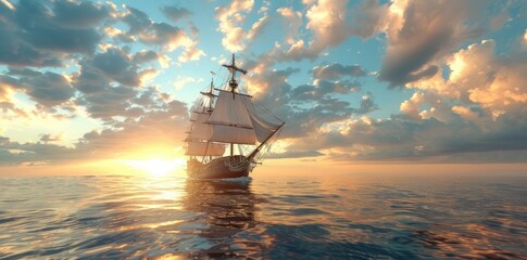 Fototapeta premium an old ship sailing in the middle of the sea