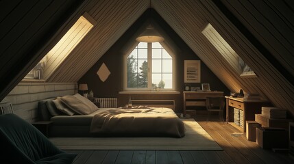 Fototapeta premium A modern minimalist attic bedroom.