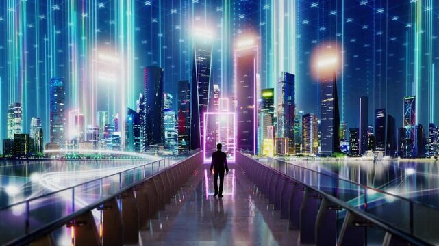 Businessman walking towards futuristic city skyline through digital portal