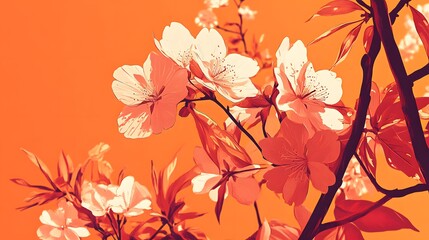 Peach Blossom Branches Against Orange Sky