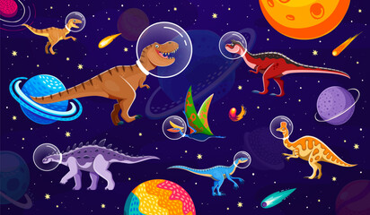 Cartoon dinosaur astronauts wearing helmets explore galaxy filled with planets, comets and stars. Vector prehistoric dino animals in a whimsical space adventure, showcasing interstellar fantasy travel