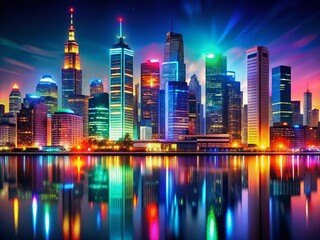 Obraz premium Colorful City Skyline at Night, Abstract Urban Landscape, Low Light Architecture