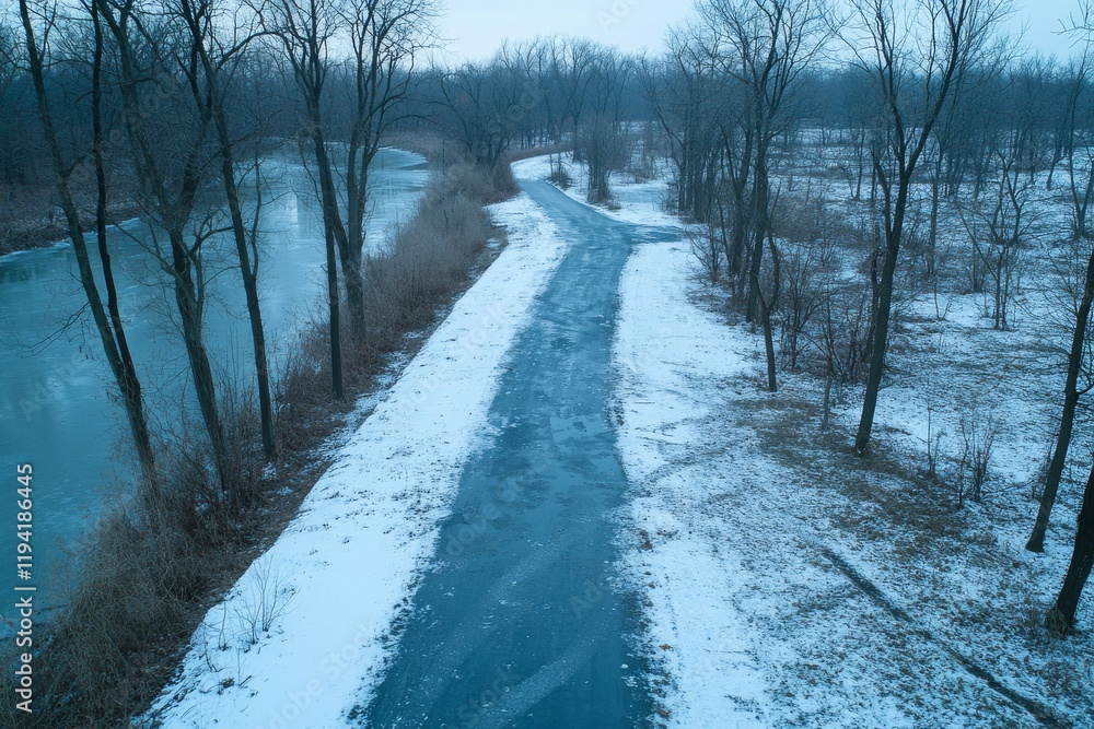 Poster a snow-laden road meanders through a dense, serene winter forest, with snow-covered trees creating a