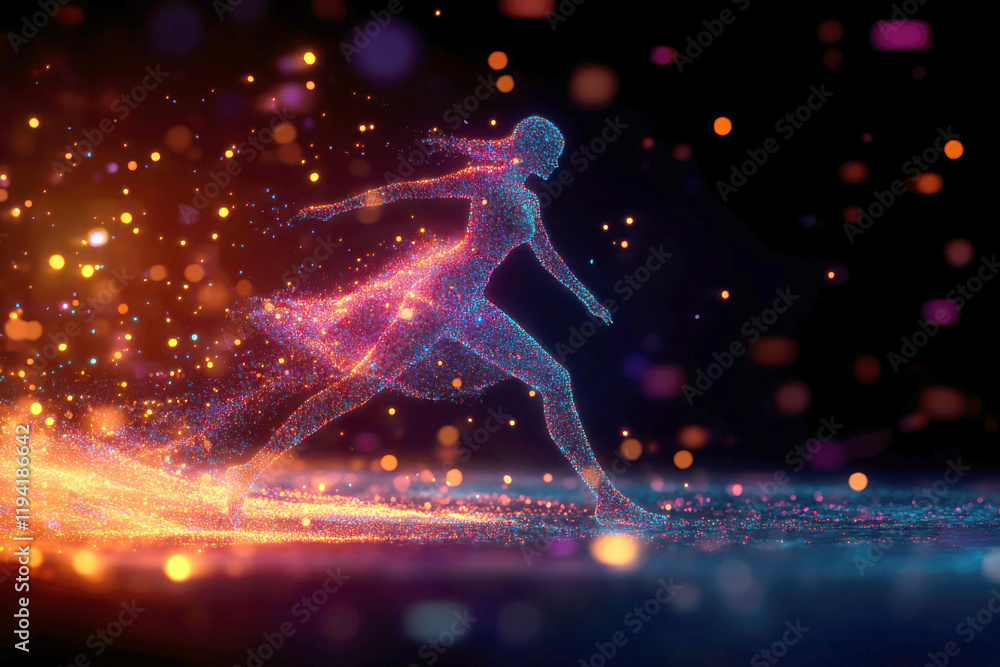 Poster a dynamic portrayal of a translucent figure in motion with light.