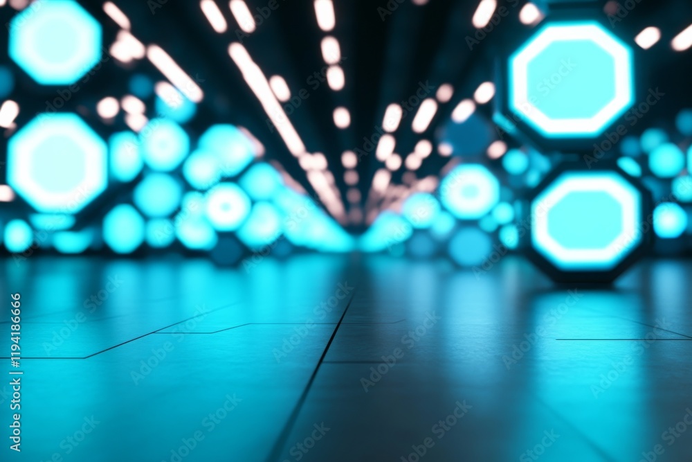 Poster Pulsating blue neon light highlights interlocking metallic hexagons that form a dynamic geometric pattern, featuring ample copy space for text