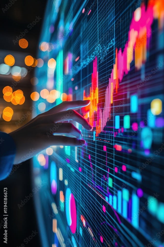 Poster interactive data visualization futuristic technology hand interacting with vibrant financial charts 