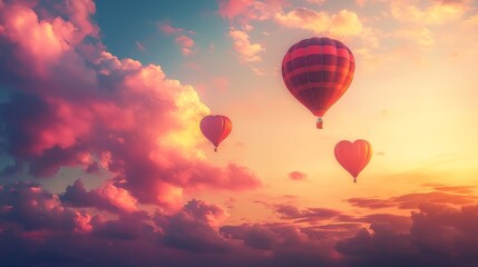 Obraz premium Heart-shaped clouds in a sunset sky, hot air balloons shaped like hearts floating, vibrant warm colors, romantic fantasy vibe