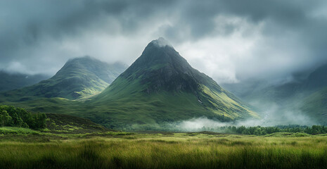 Fototapeta premium Misty Scottish Highlands peak, valley fog, dramatic sky, landscape photography, travel