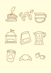 Coffee and Tea Icon Pack Line Art Style. Beverage Equipment for Cafes and Restaurants

