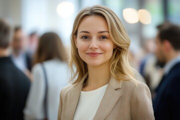 Smiling woman in a business suit at a professional networking event.