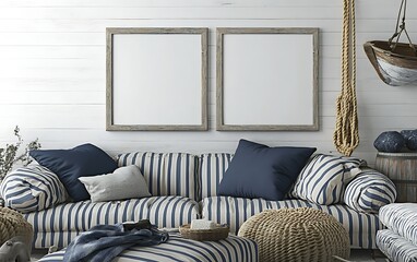 Coastal living room mockup, two frames, striped sofa