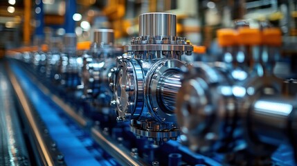 High-Precision Industrial Valves and Pumps on a Modern Manufacturing Line with Reflective Surfaces and Advanced Machinery in a Well-Lit Factory Environment