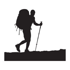 PrintHiking man Silhouettes. hiking man with rucksacks silhouette. hiker with backpack, vector silhouettes. mountaineer climber hiker people. Backpacker. walking with the aid of trekking poles.
