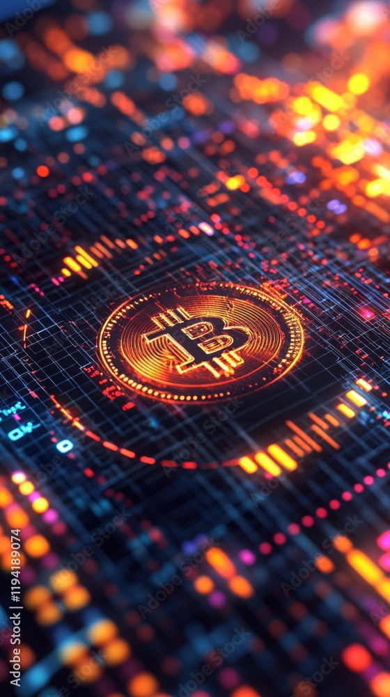 Poster glowing bitcoin digital currency network abstract technology