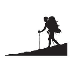 Fototapeta premium PrintHiking man Silhouettes. hiking man with rucksacks silhouette. hiker with backpack, vector silhouettes. mountaineer climber hiker people. Backpacker. walking with the aid of trekking poles.