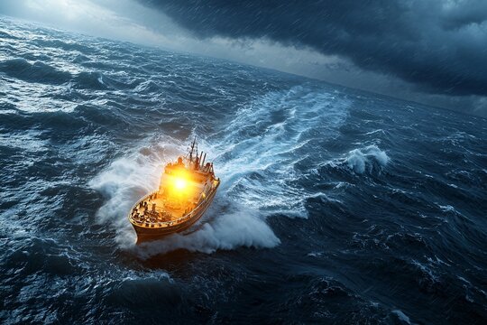 Satellite Ship Tracking concept. A rescue boat navigating turbulent seas under a dramatic sky, illuminated by bright lights, symbolizing hope and courage amidst adversity.