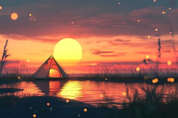 A tranquil campsite at sunset, with a tourist tent set against the backdrop of a glowing horizon, ideal for a peaceful retreat.